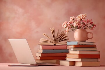 A stack of books, a laptop, and a vase of flowers on a table.
