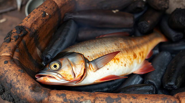 Mozambican Peixe Fumado. kingfish smoked in baobab bark shells, mahogany-colored flesh peeling away, coastal smoke pit