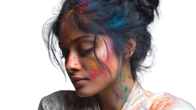 A woman with colorful powder on her face, displaying artistic expression, isolated on white background.