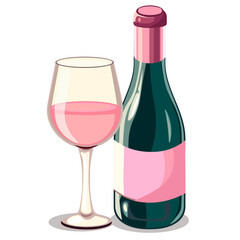 glass bottle of wine and glass of rose wine