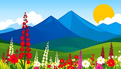 Colorful meadow with vibrant flowers and a backdrop of majestic mountains under a bright sunny sky.
