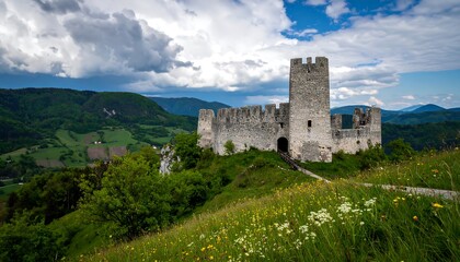 Fototapeta premium A weathered stone castle stands watch over a valley of lush green hills under a dramatic sky.