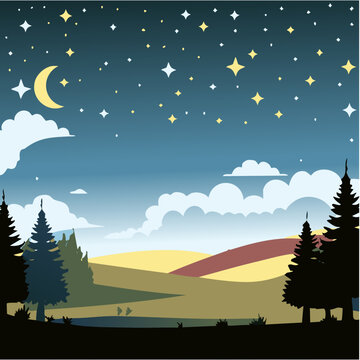 winter landscape with moon and stars