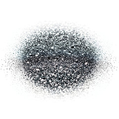 A shimmering pile of dark metallic glitter powder with sparkling particles creating an abstract textured effect isolated on a white background