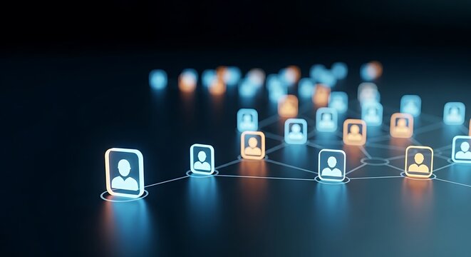 Scalability and business growth concept. A single holographic business icon, when touched, replicates into multiple icons, forming a growing network.