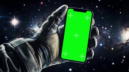 An astronaut's gloved hand holds a smartphone with a green screen for mockup against a cosmic nebula background. - Powered by Adobe