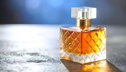 Luxurious amber perfume bottle with intricate glass detailing and elegant gold accents on a dark reflective surface with bokeh background