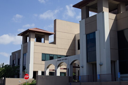 Corona City Hall and Superior Court building in Southern California under clear skies, showcasing modern civic architecture and local government design.