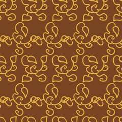 Golden elegant outline sinuous with plant leaves on brown background seamless pattern vector. Hand drawn illustration sketch modern new