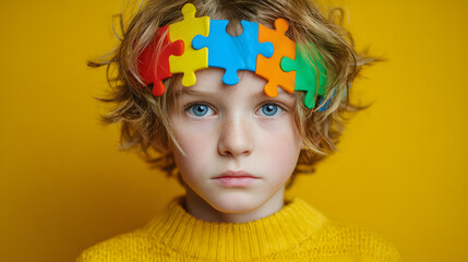 World autism awareness day. Portrait of a cute kid with the colorful puzzles pieces. Autism Spectrum Disorder concept, ASD, Syndrome, child mental health concept, autistic kid