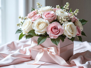 Fototapeta premium French romantic bouquet gift box, soft tones and French packaging design create a romantic and exquisite gift box appearance.