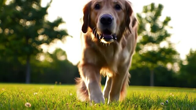Golden retriever sprints across sunlit lawn, captured in dynamic sequence showcasing canine