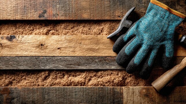 Work gloves and a hammer on a wooden surface.