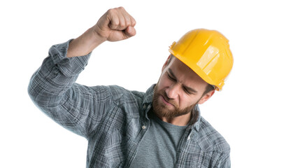 Frustrated construction worker in a yellow hard hat expressing anger, isolated on white background.