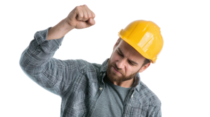 Frustrated construction worker in a yellow hard hat expressing anger, isolated on white background.
