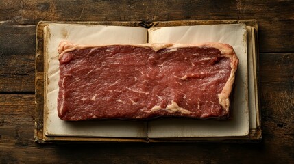 Obraz premium Fresh Raw Beef Steak on Open Cookbook with Rustic Wooden Background