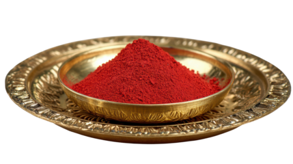 Red spice powder in a decorative plate, isolated on a white background.