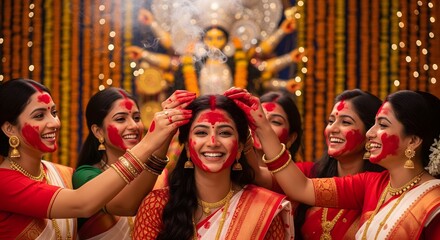 Joyful indian women celebrating durga puja with  sindoor and traditional attire