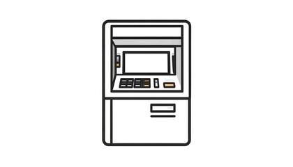 Simple line art depiction of a modern automated teller machine, showing a light gray exterior and simple interior design elements.