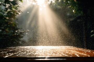 Sunlight streams through rain droplets on a wooden surface.