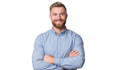 Smiling man crossing arms, wearing casual shirt, cheerful expression, isolated on white background.