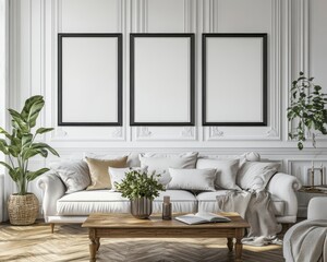 Cozy and Modern Living Room with Elegant White Decor and Green Plants