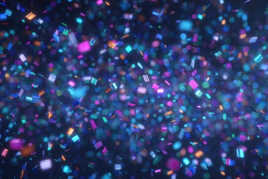 Bright, colorful particles of various shapes float and swirl in a visually captivating display. The dark background enhances the vibrancy of the hues, creating a mesmerizing effect.