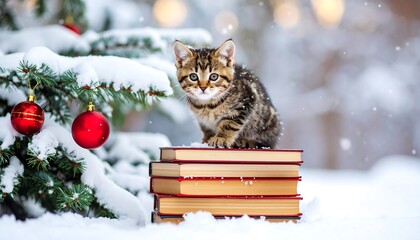 A kitten sits atop a stack of books in the snow, nestled by a decorated Christmas tree.