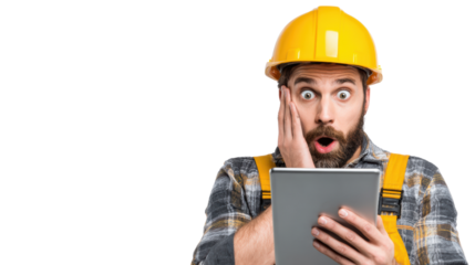 Surprised construction worker in a yellow hard hat looking at a tablet, isolated on white.