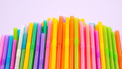 Colorful plastic drinking straws create a vibrant, rainbow-hued display against a light purple background.