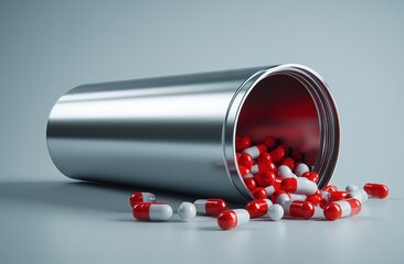 Red and White Capsules Spilled from a Silver Container on a Gray Surface