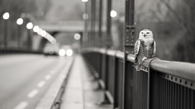 Snowy owl perched on bridge railing, observing city life in elegant black and white. - Powered by Adobe
