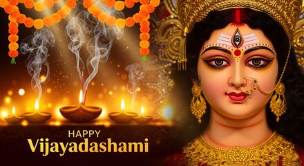 Devotional depiction of goddess durga with diyas and incense for vijaya dashami celebration