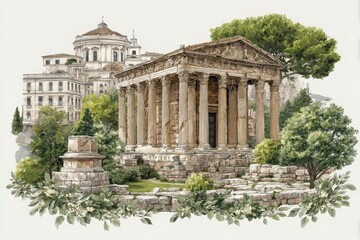 A majestic ancient temple stands prominently among lush greenery and stone ruins, reflecting classical architectural design. The setting appears to be a historic site, showcasing timeless beauty.