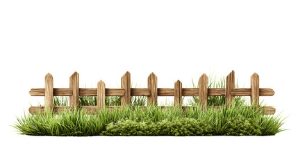 Obraz premium Wooden fence with grass elements, white isolate background.