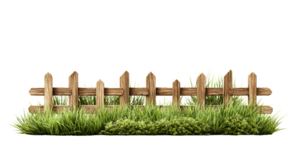 Wooden fence with grass elements, white isolate background.