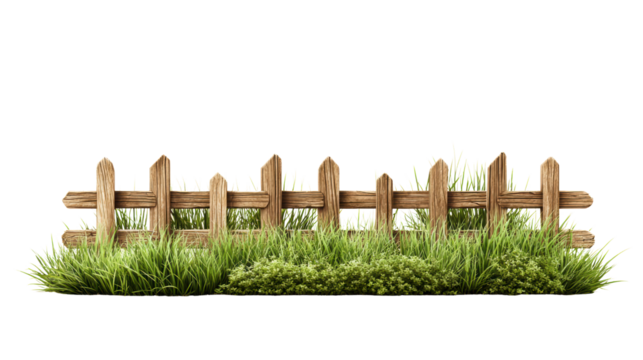 Wooden fence with grass elements, white isolate background.