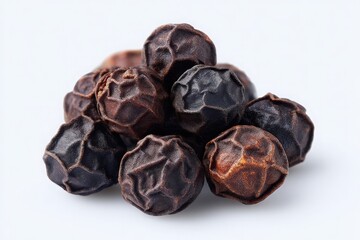 Black peppercorns with a textured surface are stacked against a light neutral background. These aromatic spices enhance dishes with their robust flavor and are essential in many cuisines worldwide.