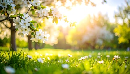 A vibrant springtime scene showcases blossoming trees and lush green grass illuminated by the warm sunlight.