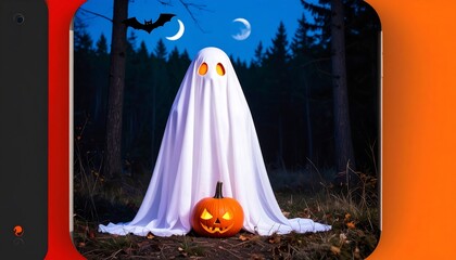 A spectral figure in a white sheet stands in a dark forest, illuminated by moonlight and a glowing pumpkin.