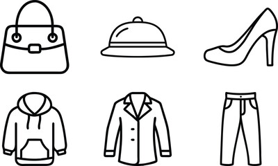 Fashion clothing and accessory icons in black outline 2