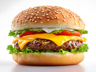 A delicious classic cheeseburger with a fresh beef patty, melted cheese, lettuce, and tomato on a sesame seed bun, isolated on a clean white background