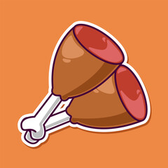 Cartoon Fried Chicken Drumstick Vector, Delicious Meat Food Icon, BBQ Sticker Design for Menu or Poster