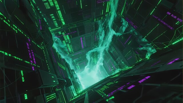 Futuristic digital structure with glowing green light and cascading energy streams