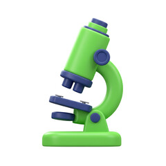A vibrant, three-dimensional rendering showcases a bright green and blue microscope, a scientific instrument used for detailed observation and research in laboratories.