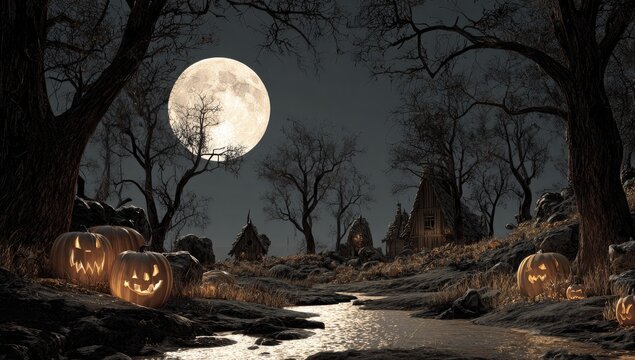 Halloween night scene. Spooky village by a stream under a full moon, with carved pumpkins - Powered by Adobe
