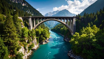 A majestic arching bridge spans a turquoise river nestled within a lush valley, surrounded by towering mountains and dense forests.