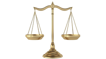 Golden justice scale on transparent background