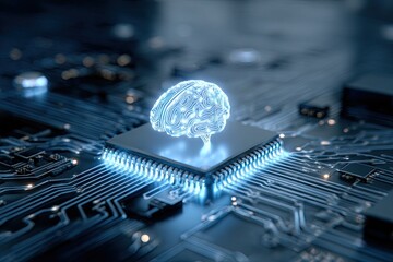 A glowing brain graphic sits atop a computer circuit board.  Digital circuitry and components surround the central image.  The brain is outlined with glowing lines