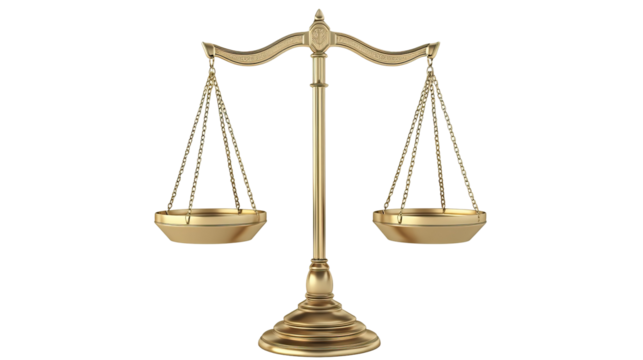 Golden justice scale on transparent background